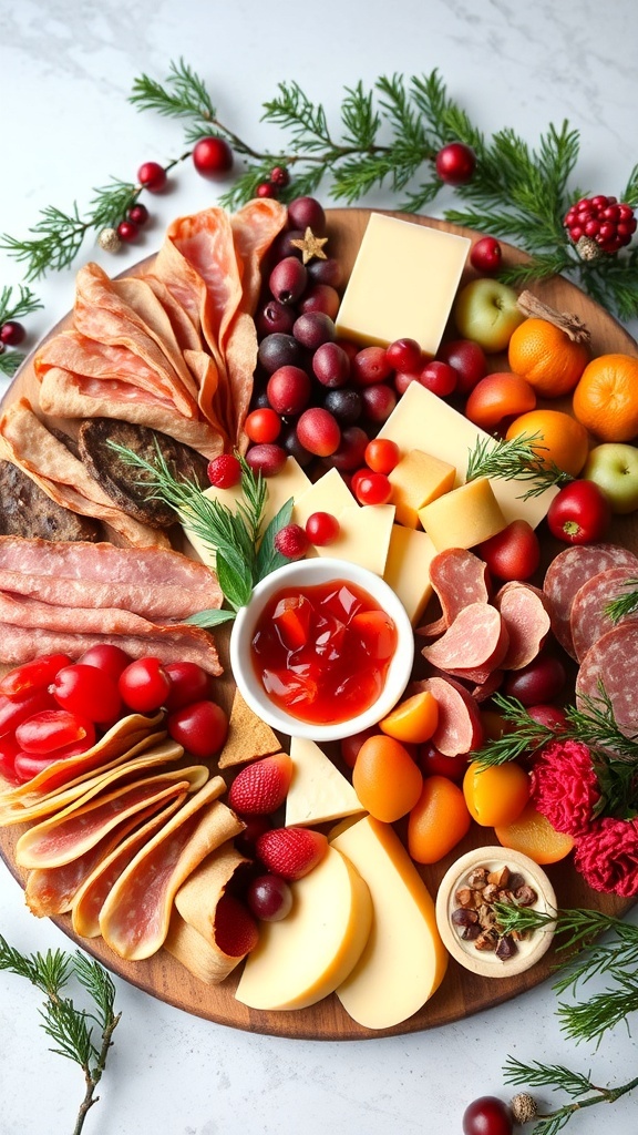 A festive charcuterie board with meats, cheeses, fruits, and pepper jelly, decorated for Christmas.